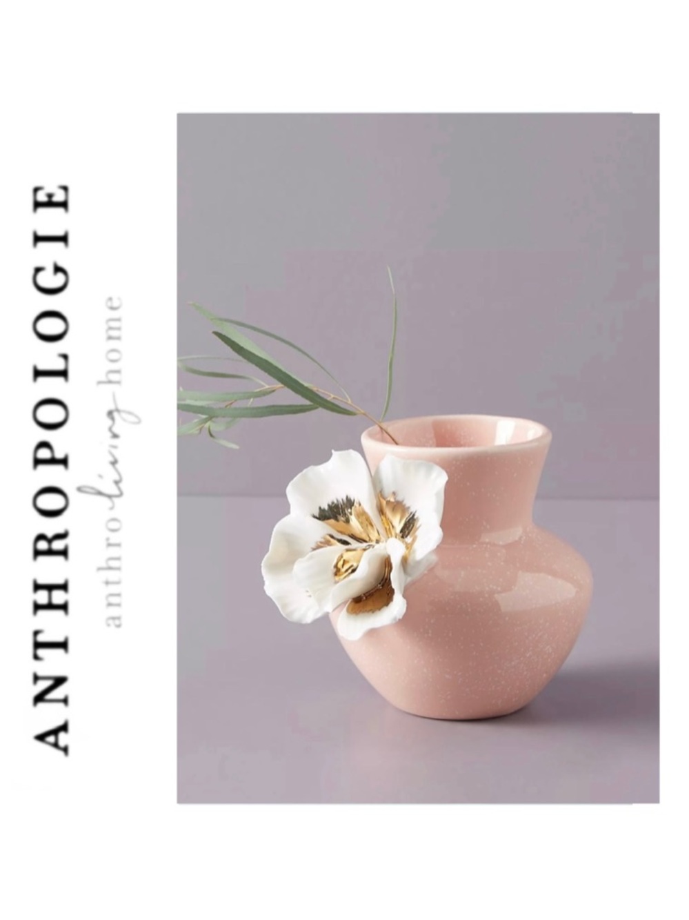 Anthropologie Ceramic Gilded Bloom Vase Pink Speckled Orchid Flower